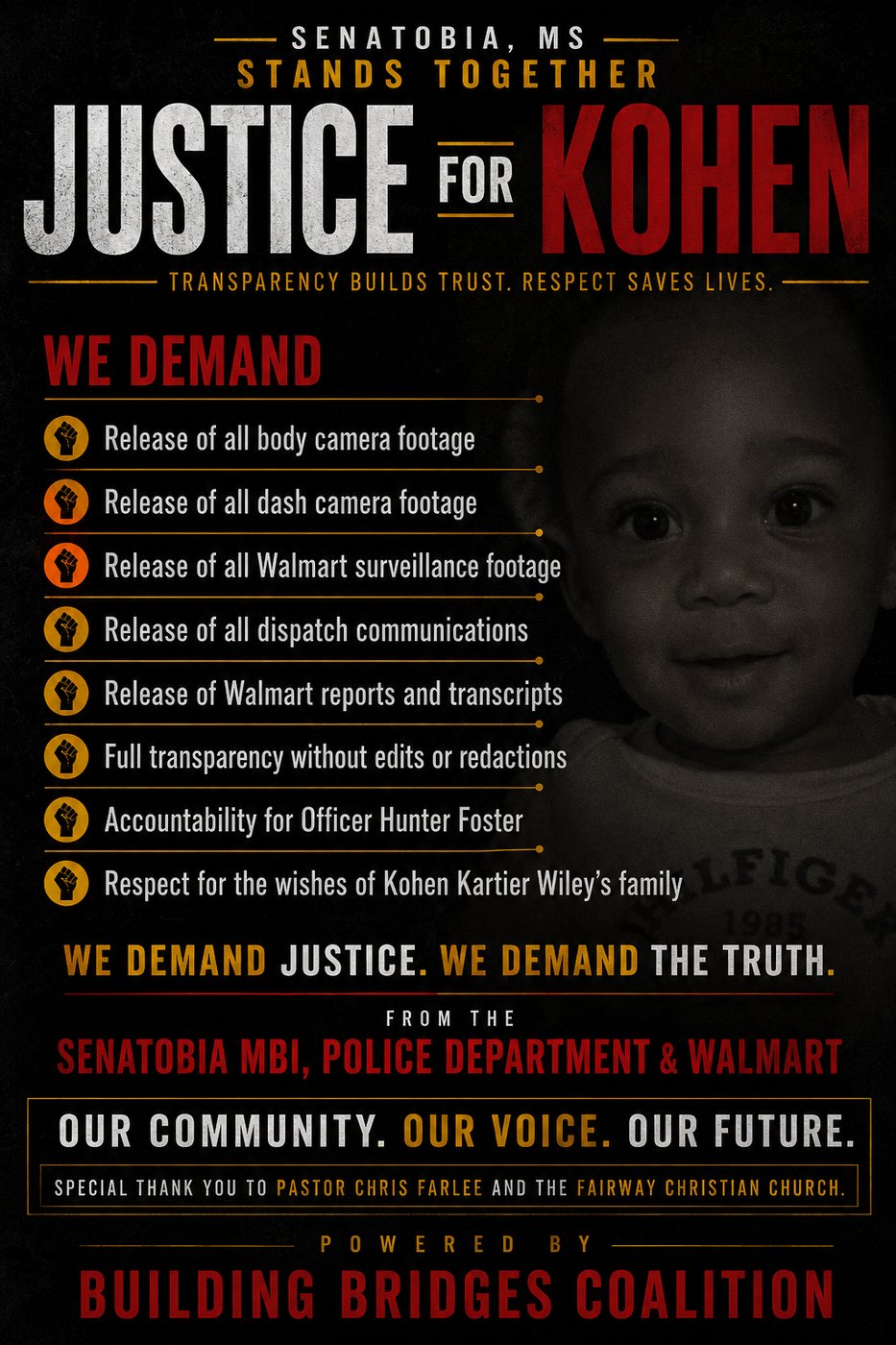 Justice for Kohen — the coalition's demands poster