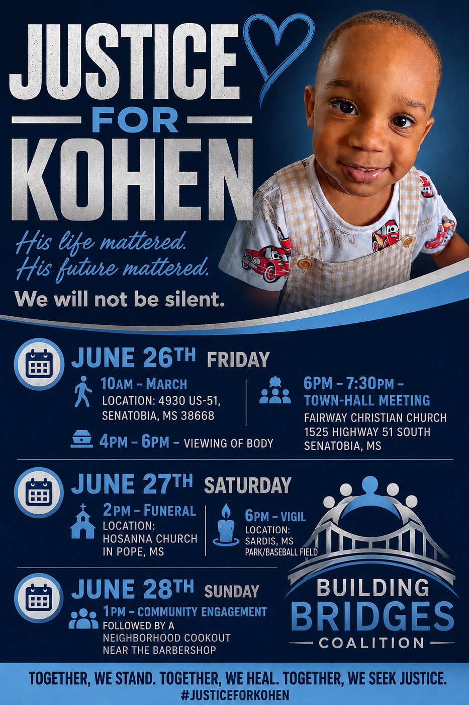 Justice for Kohen — memorial weekend schedule poster